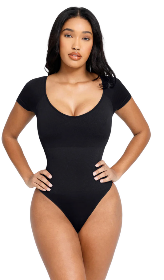 V-Neck Thong Bodysuit (Short Sleeve)